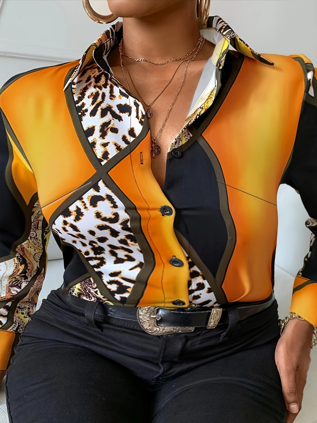  Colorblock Leopard Button Up Blouse