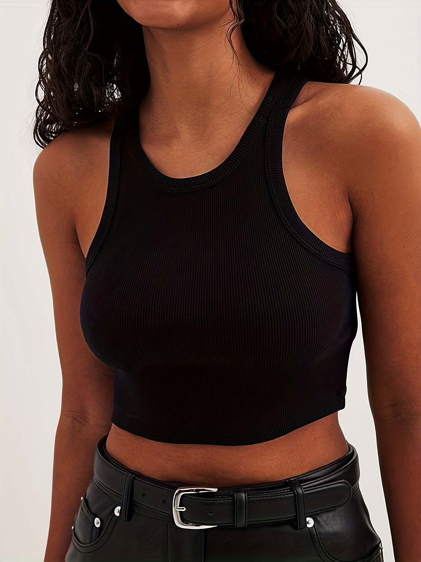 Solid Crop Tank Top Casual Crew Neck Summer Sleeveless Top