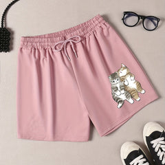 Women's Plus Cats Print Drawstring Elastic Waist Shorts