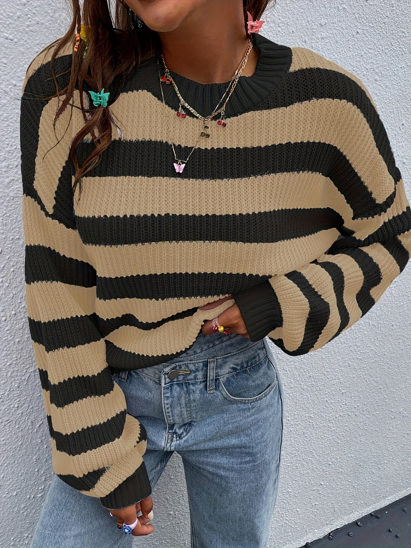  Casual Sweater Women's Plus Stripe Print Long Sleeve