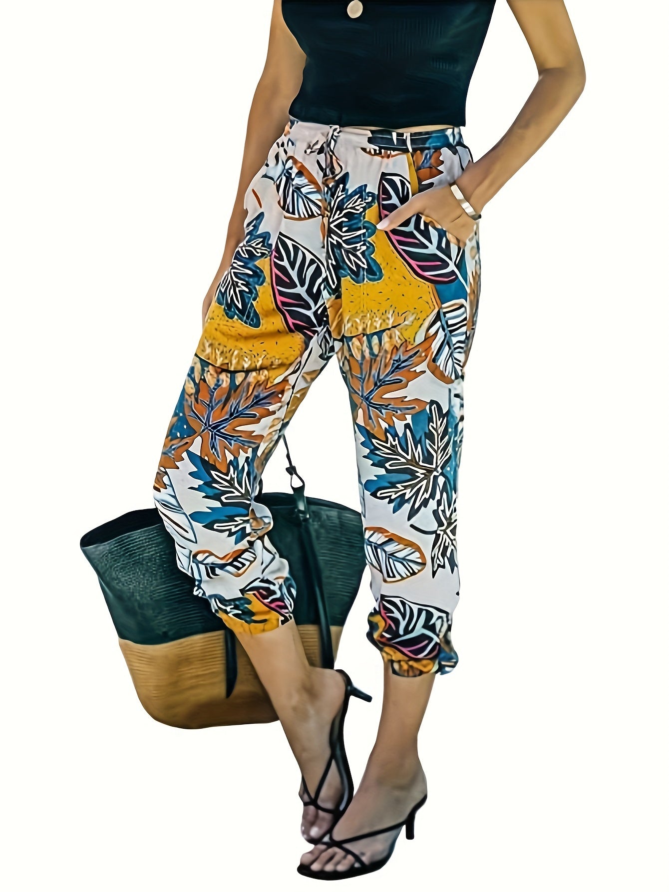  Colorblock Leaf Print High Rise Lantern Pants