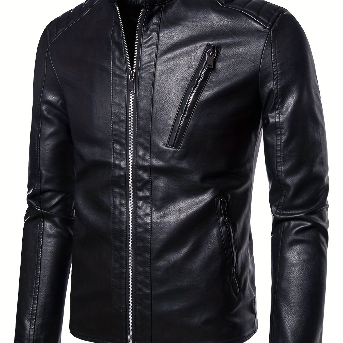 Men's Casual PU Biker Jacket Stand Collar Zipper Pocket Faux Leather Jacket Coat