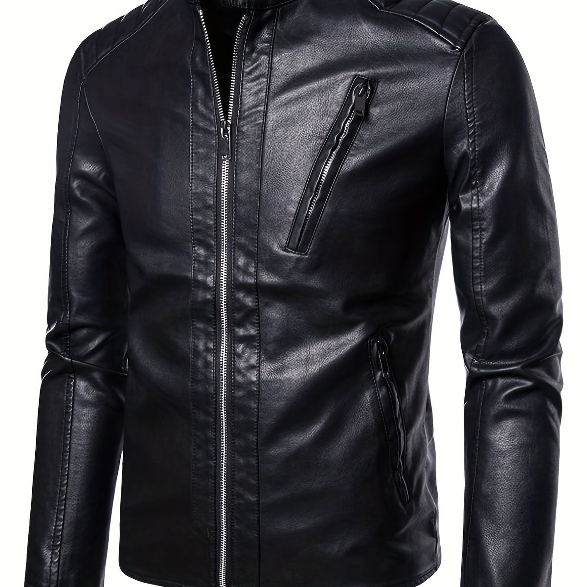 Men's Casual PU Biker Jacket Stand Collar Zipper Pocket Faux Leather Jacket Coat