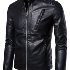 Men's Casual PU Biker Jacket Stand Collar Zipper Pocket Faux Leather Jacket Coat