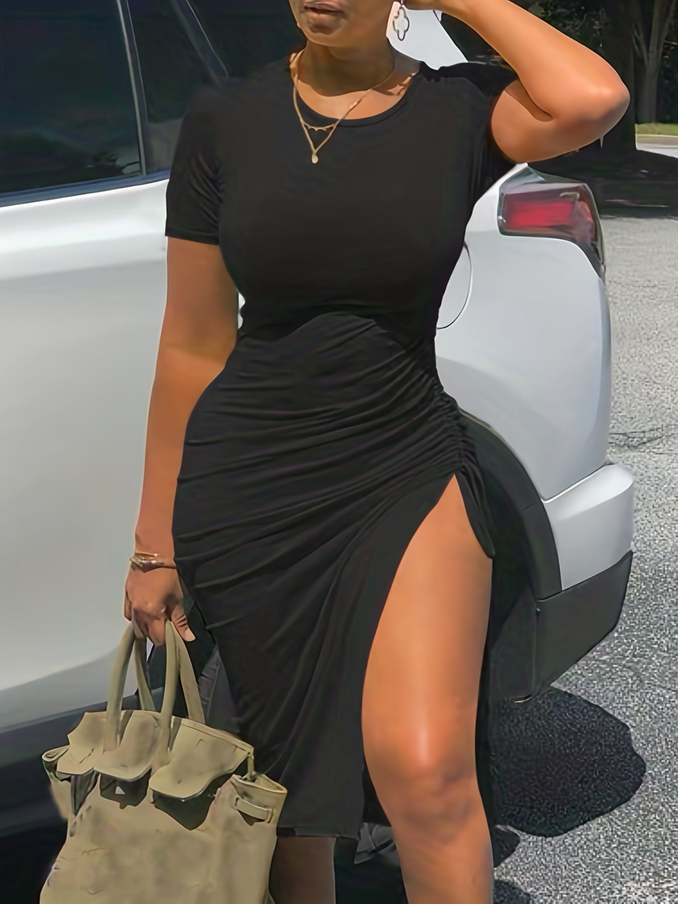 Ombre Ruched Dress Side Slit Short Sleeve Crew Neck Casual Dress