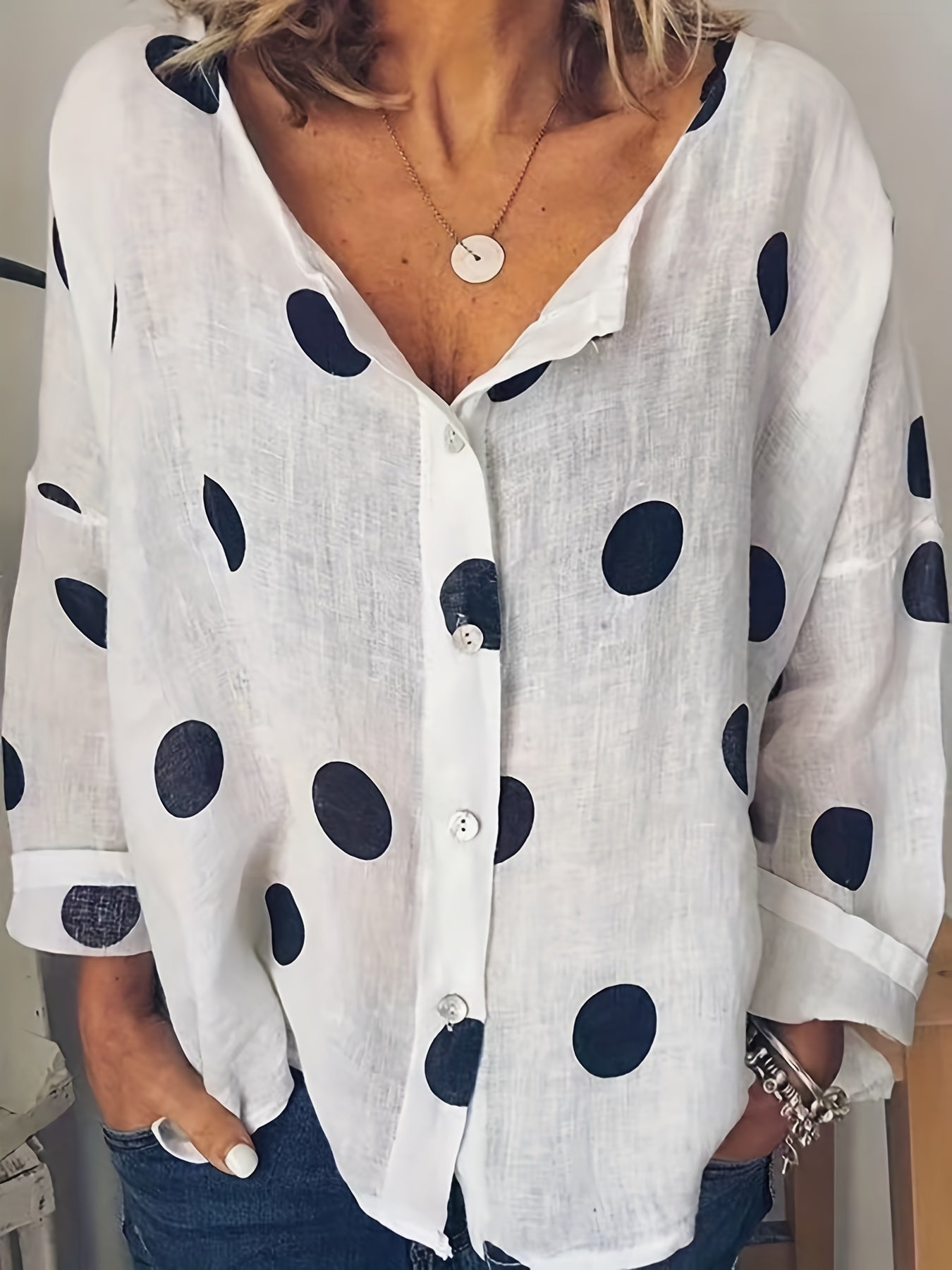  Polka Dot Button Up Shirt Long Sleeve Women's Casual Blouse