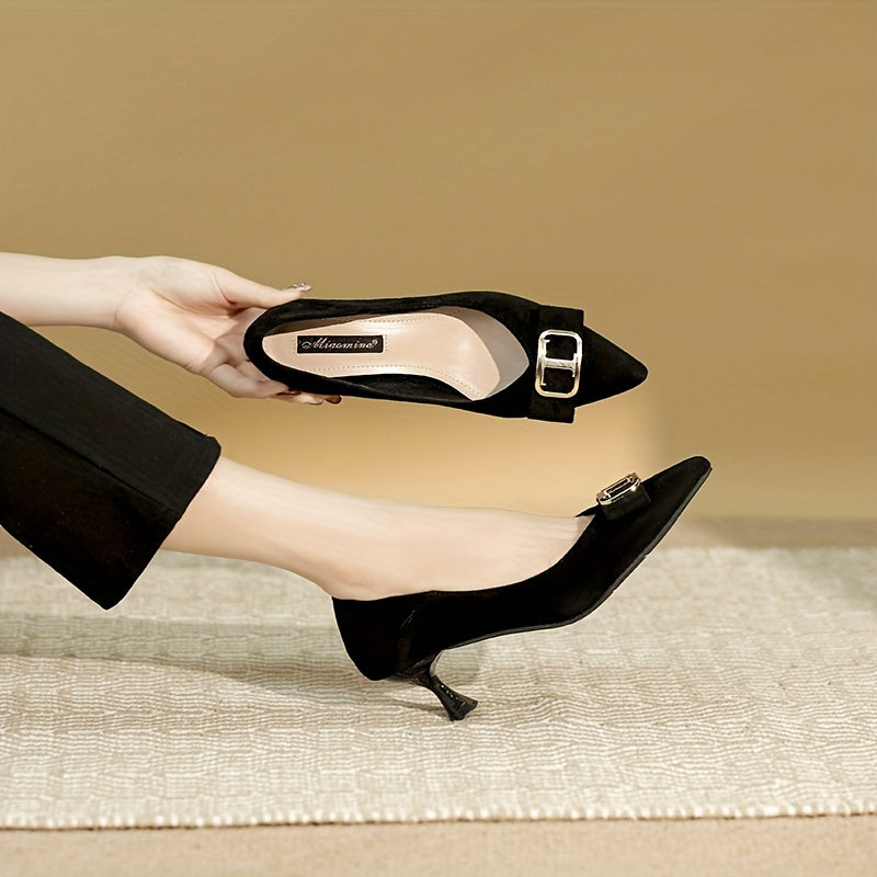 Women's Pointed Toe Kitten Heels with Metallic Buckle Decor