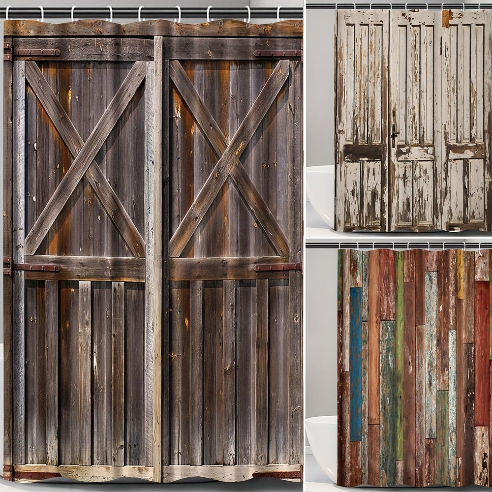 Wooden Door Shower Curtain Waterproof Rust Resistant Grommets Hooks