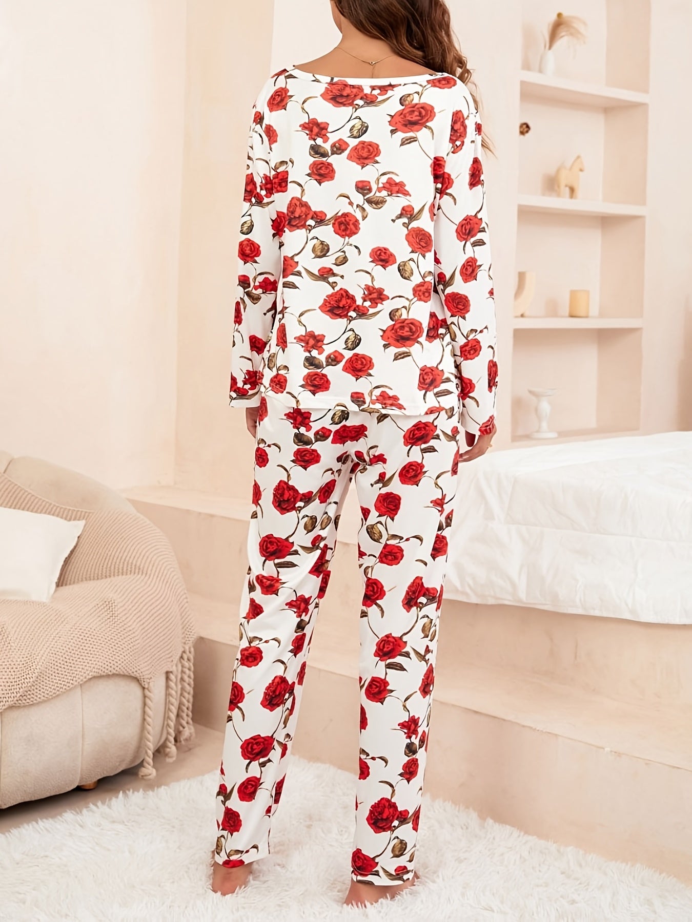 Red Rose Print Pajamas Sets Long Sleeve Top & Pants