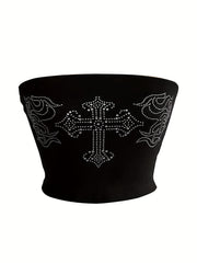 Rhinestone Graphic Pattern Tube Top Gothic Summer Sleeveless Top