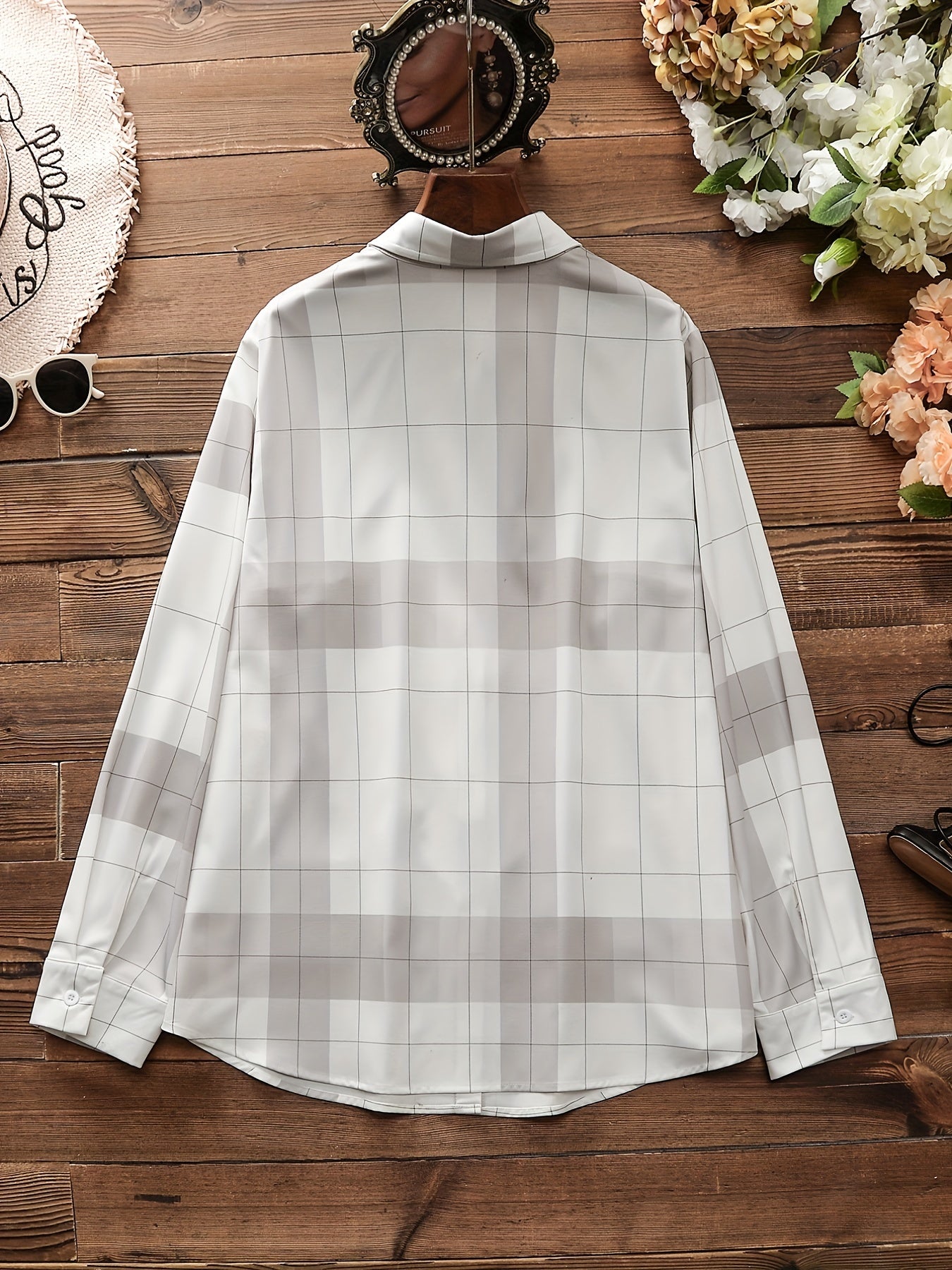  Colorblock Grid Print Button Up Blouse