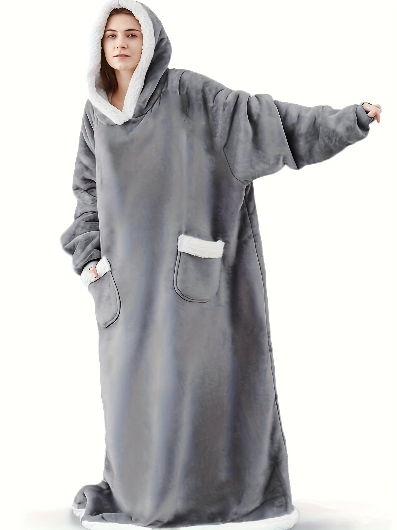  Sherpa Fleece Robe with Pockets, Extra Long Wearable Blanket