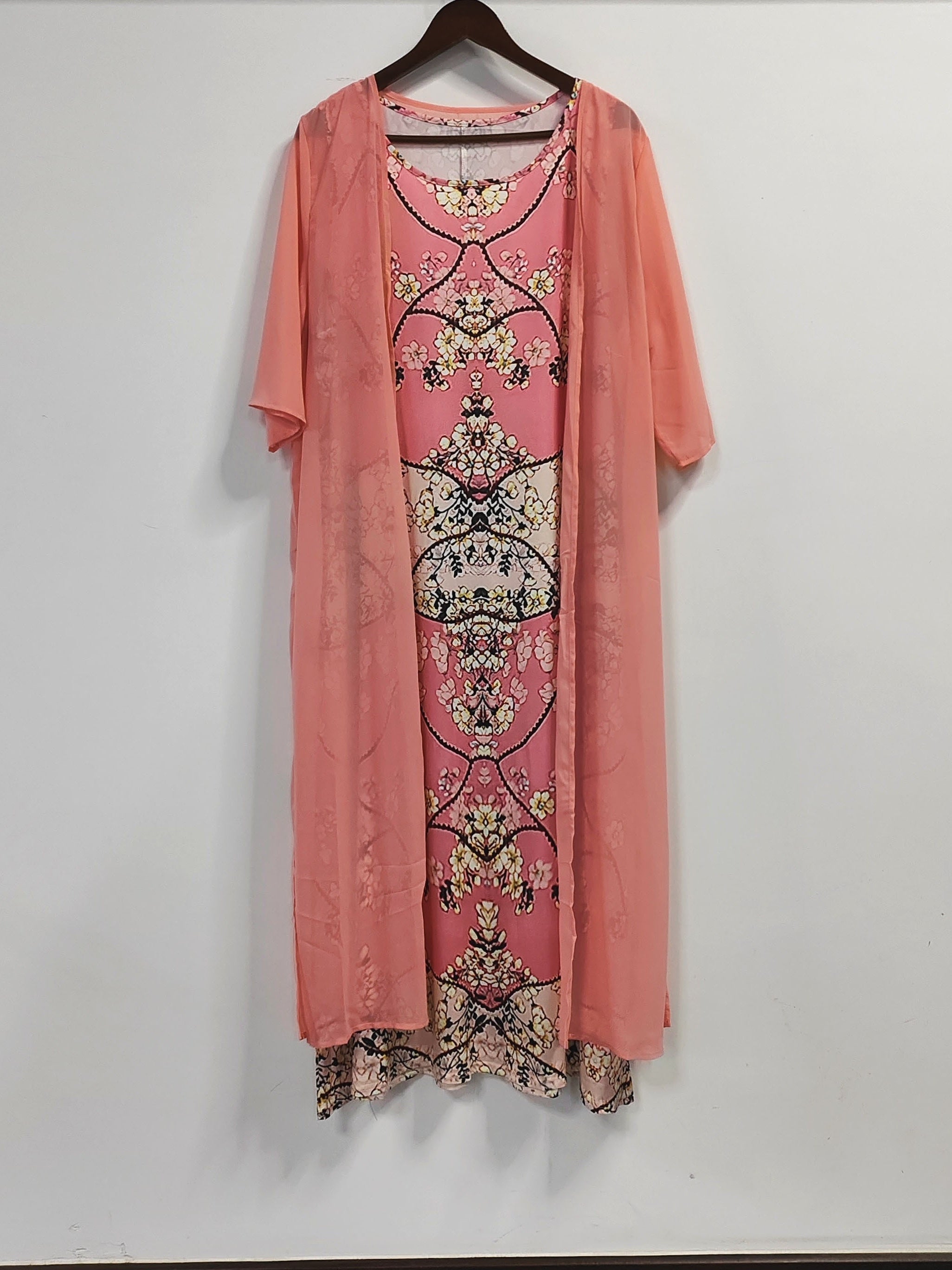  Geometric & Floral Print Tank Dress & Cardigan Set
