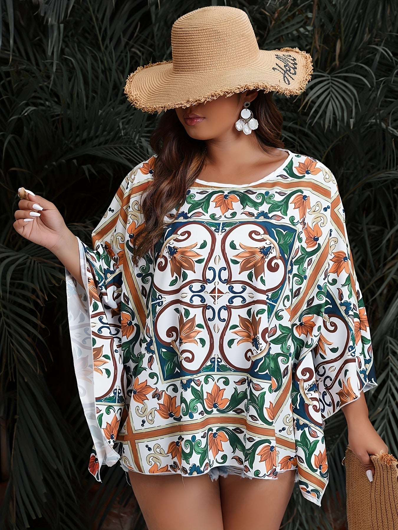  Floral Print Bat Sleeve Cover Up