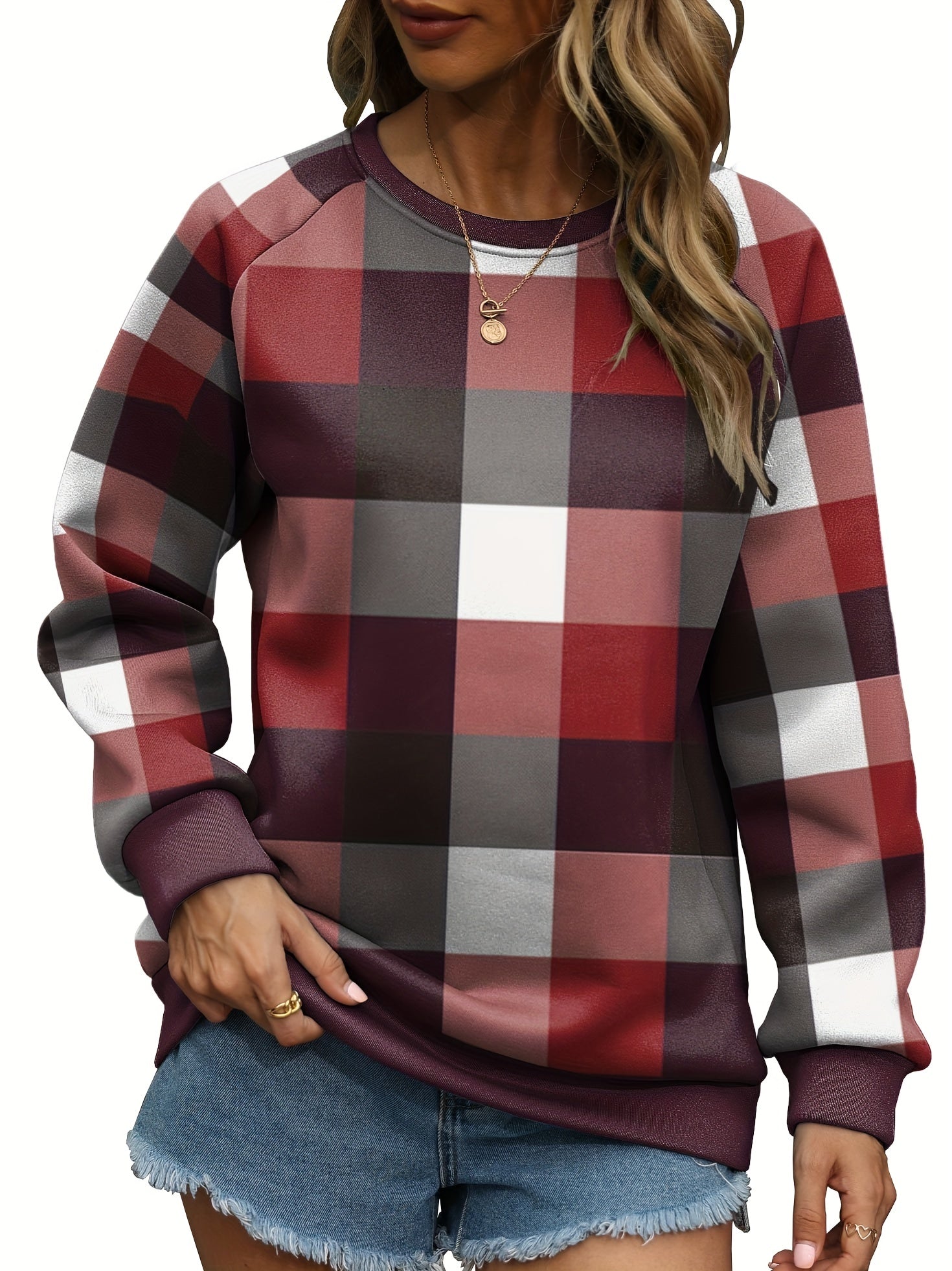 Plaid Pattern Crew Neck Sweatshirt for Women