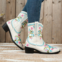Women's Floral Embroidered Short Boots V Cut Slip On Cowgirl Boots