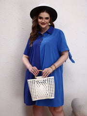  Colorblock Knot Short Sleeve Polo Neck Dress