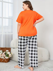  Casual Loungewear Set Women's Plus Short Sleeve Top & Gingham Pants