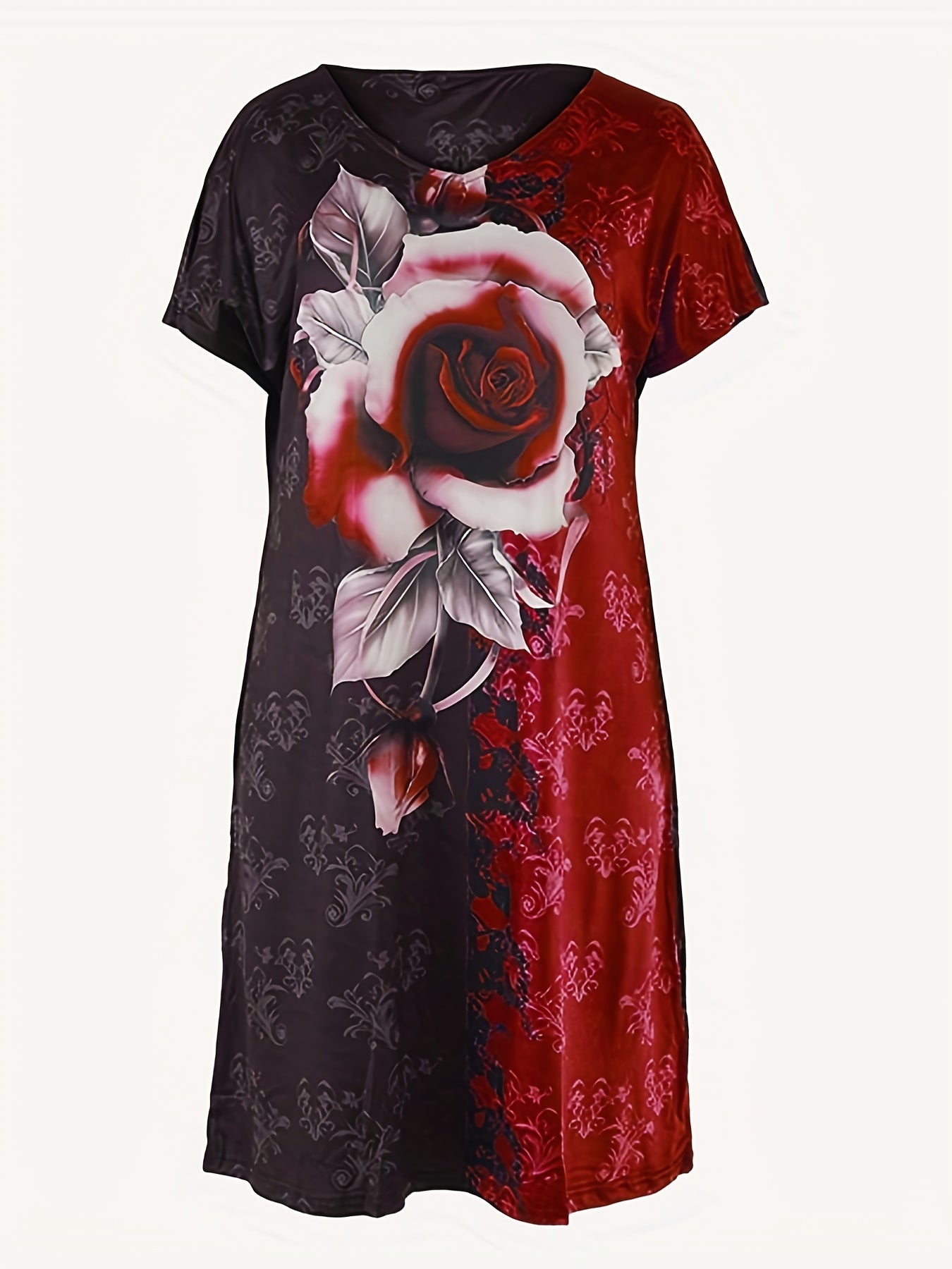  Floral Print Short Sleeve V Neck Dress