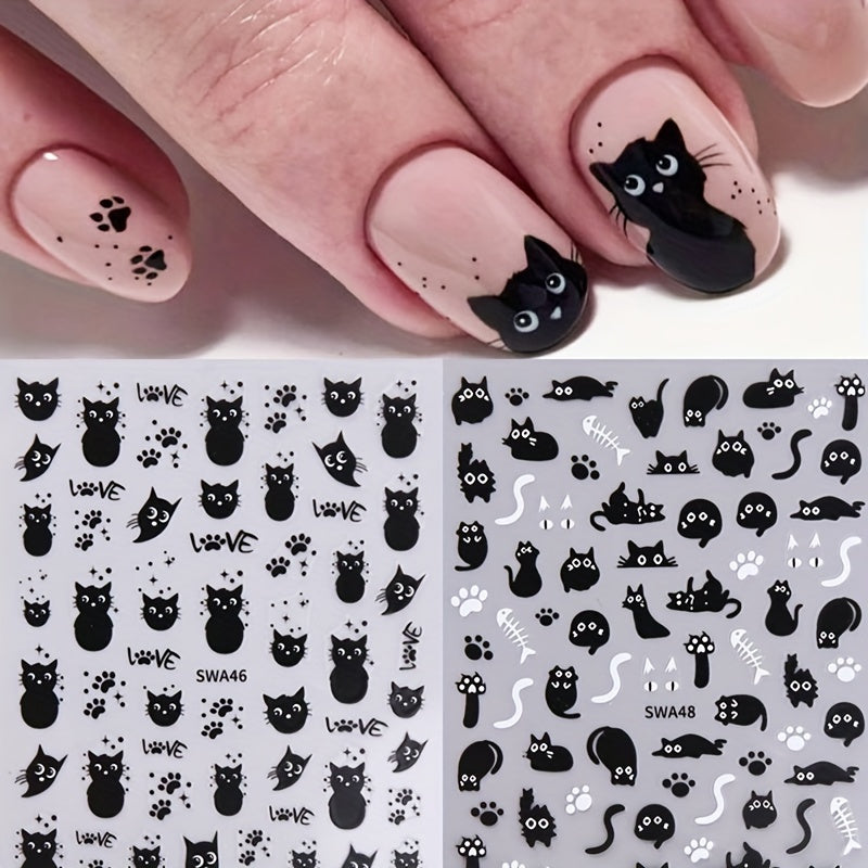 2 Pack Cat Nail Art Stickers Halloween Cartoon Animal Decals DIY Decorations