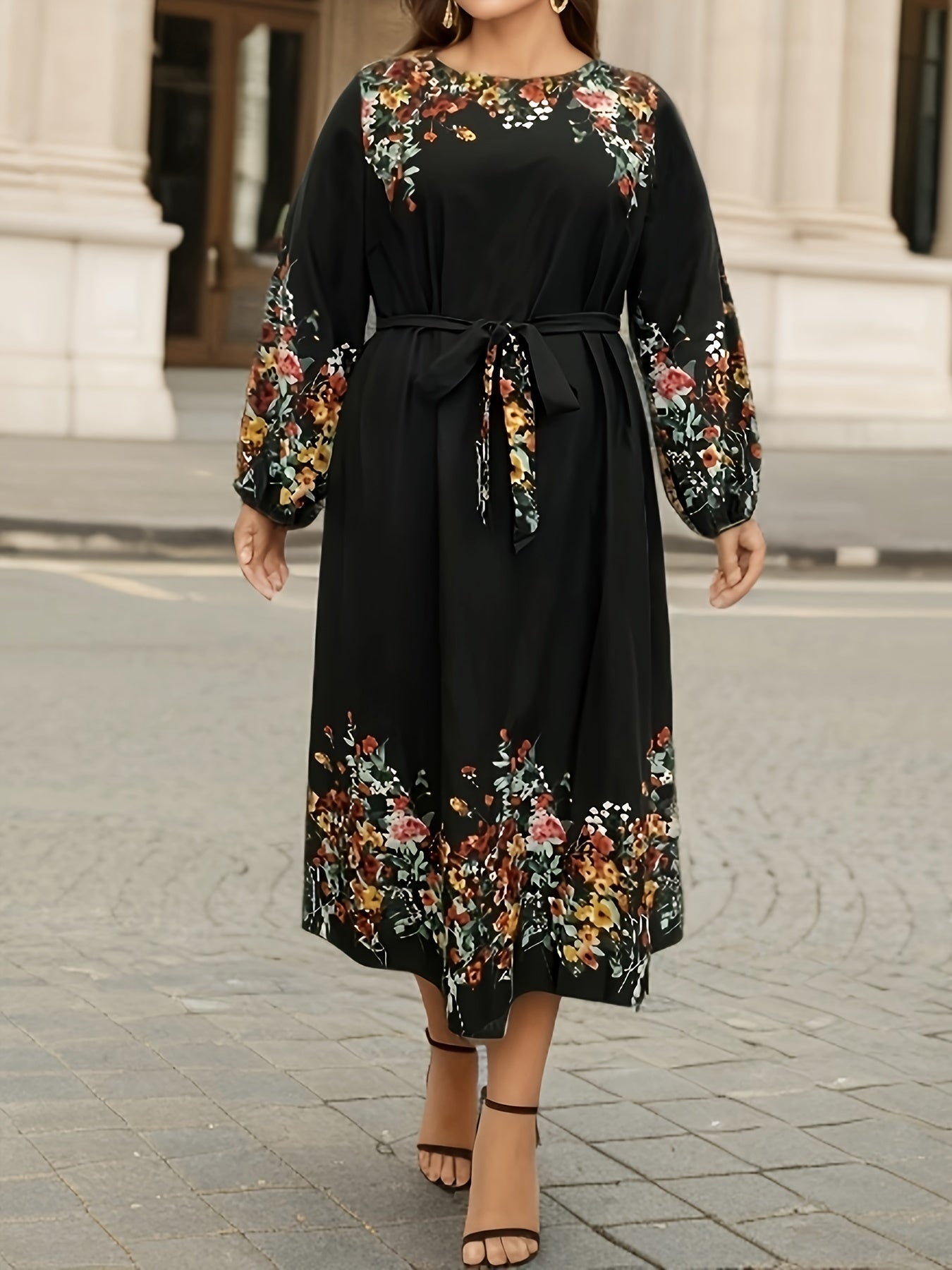  Floral Print Long Sleeve Maxi Dress