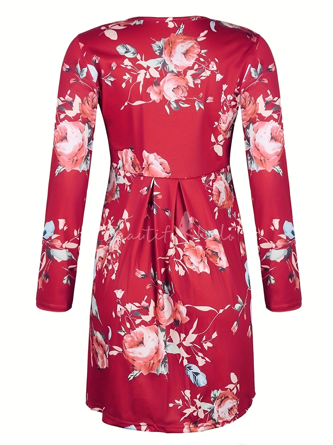  Floral Print Long Sleeve Ruched Dress