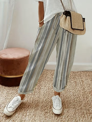  Stripe Print Drawstring High Rise Straight Leg Trousers