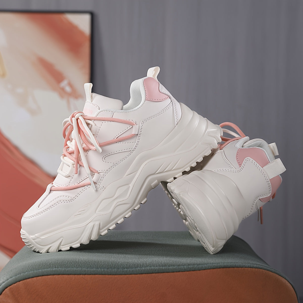 Women's Faux Leather Chunky Sneakers Shock Absorption Shoes