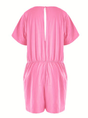  Casual Romper Women's Plus Solid Drawstring Cut Out Back Short Sleeve