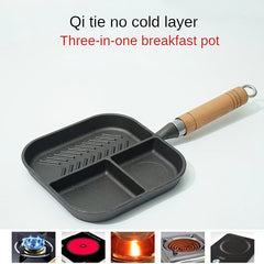 3-Section Cast Iron Frying Pan for Breakfast Grilling Hot Dogs Omelettes Steaks