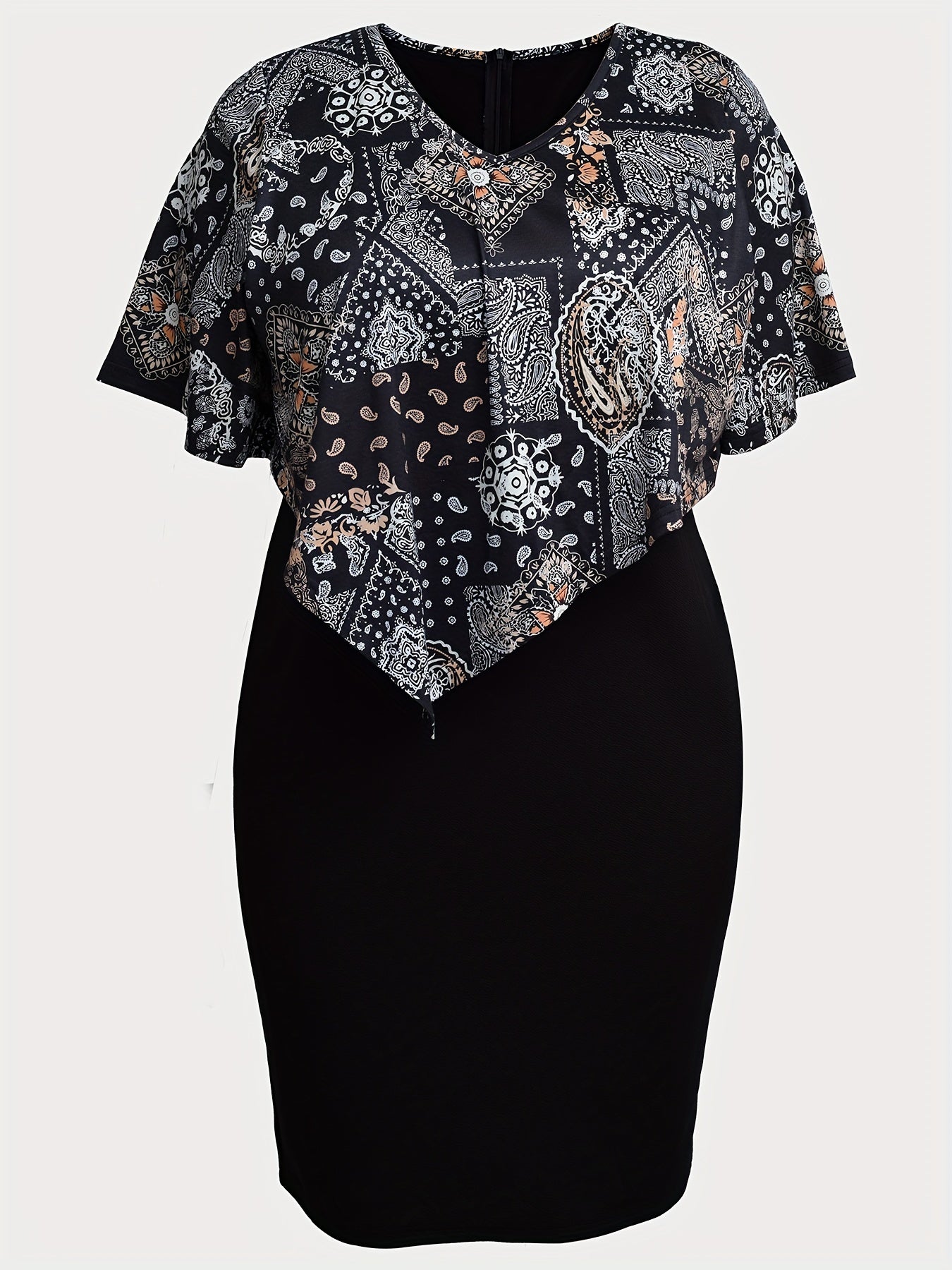  Boho Dress Colorblock Scarf & Paisley Print Short Sleeve V Neck Dress