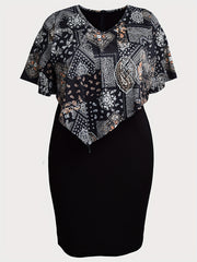  Boho Dress Colorblock Scarf & Paisley Print Short Sleeve V Neck Dress