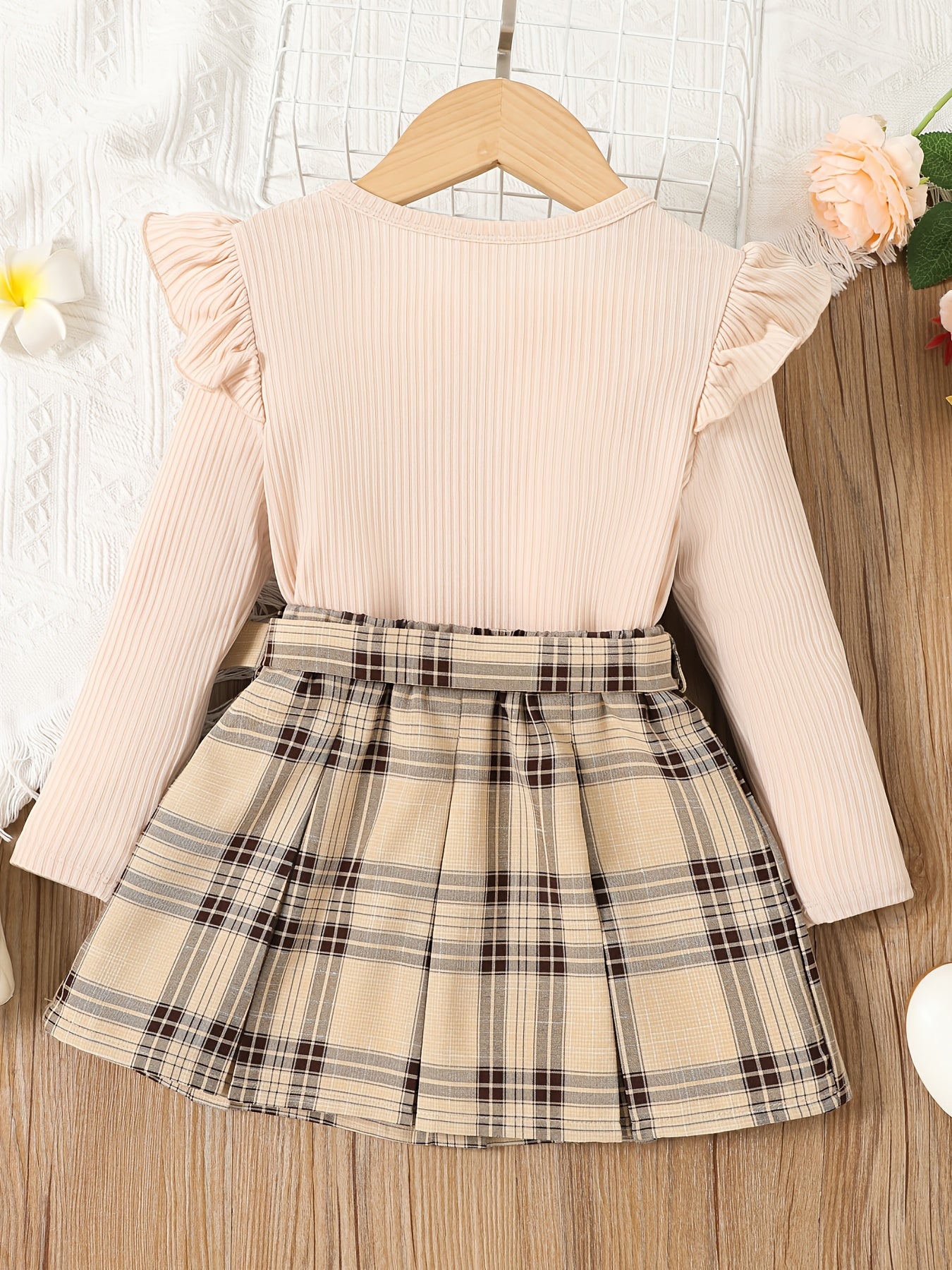 Toddler Girl Plaid Flutter Sleeve Dress & Belt Set