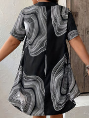 Abstract Print Short Sleeve Notched Neck Tunic Top