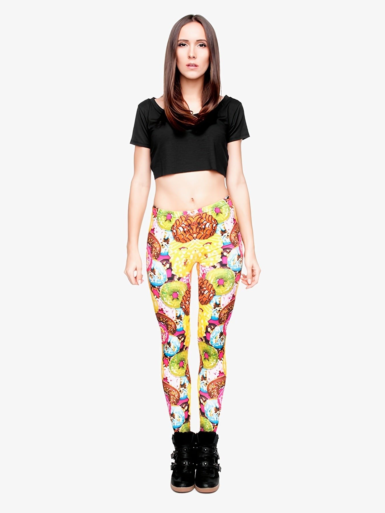 Colorful Donuts Print Skinny Leggings High Waist Stretchy Long Length