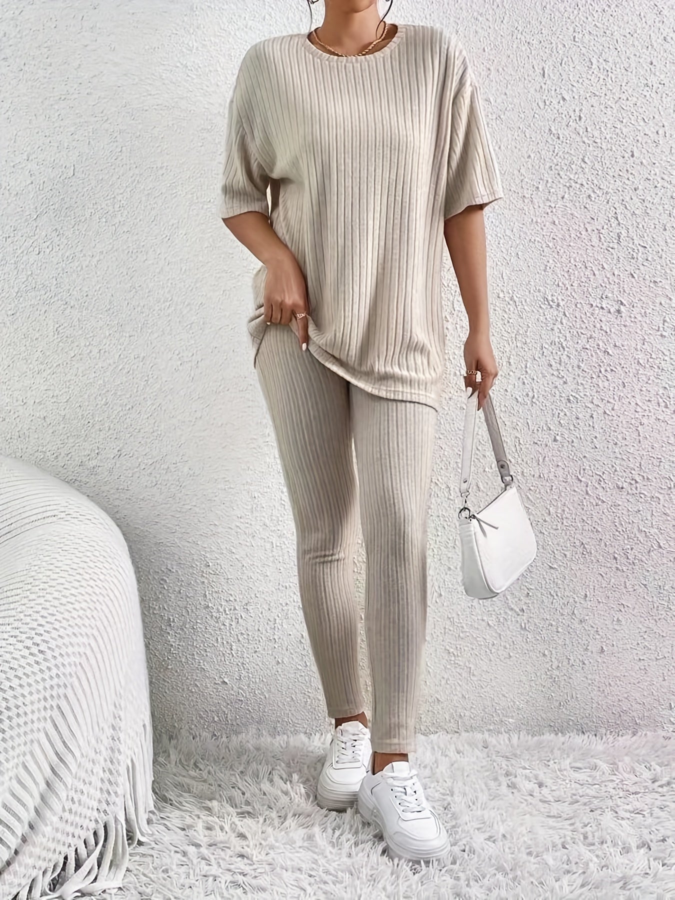 Casual Solid Two-piece Set Drop Shoulder T-shirt & Slim Pants