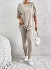 Casual Solid Two-piece Set Drop Shoulder T-shirt & Slim Pants
