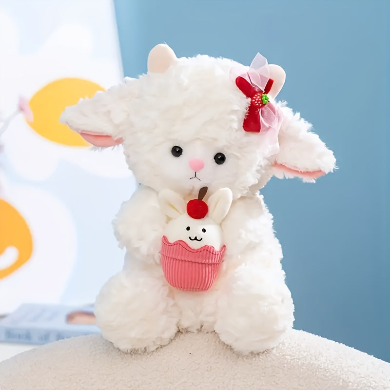 Soft Lamb Plush Toy with Red Bow & Cupcake Stuffed Animal