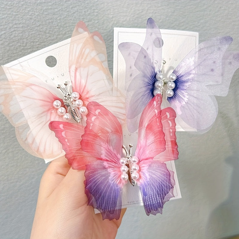 Gradient Butterfly Hair Clip Faux Pearl Non-slip Clip