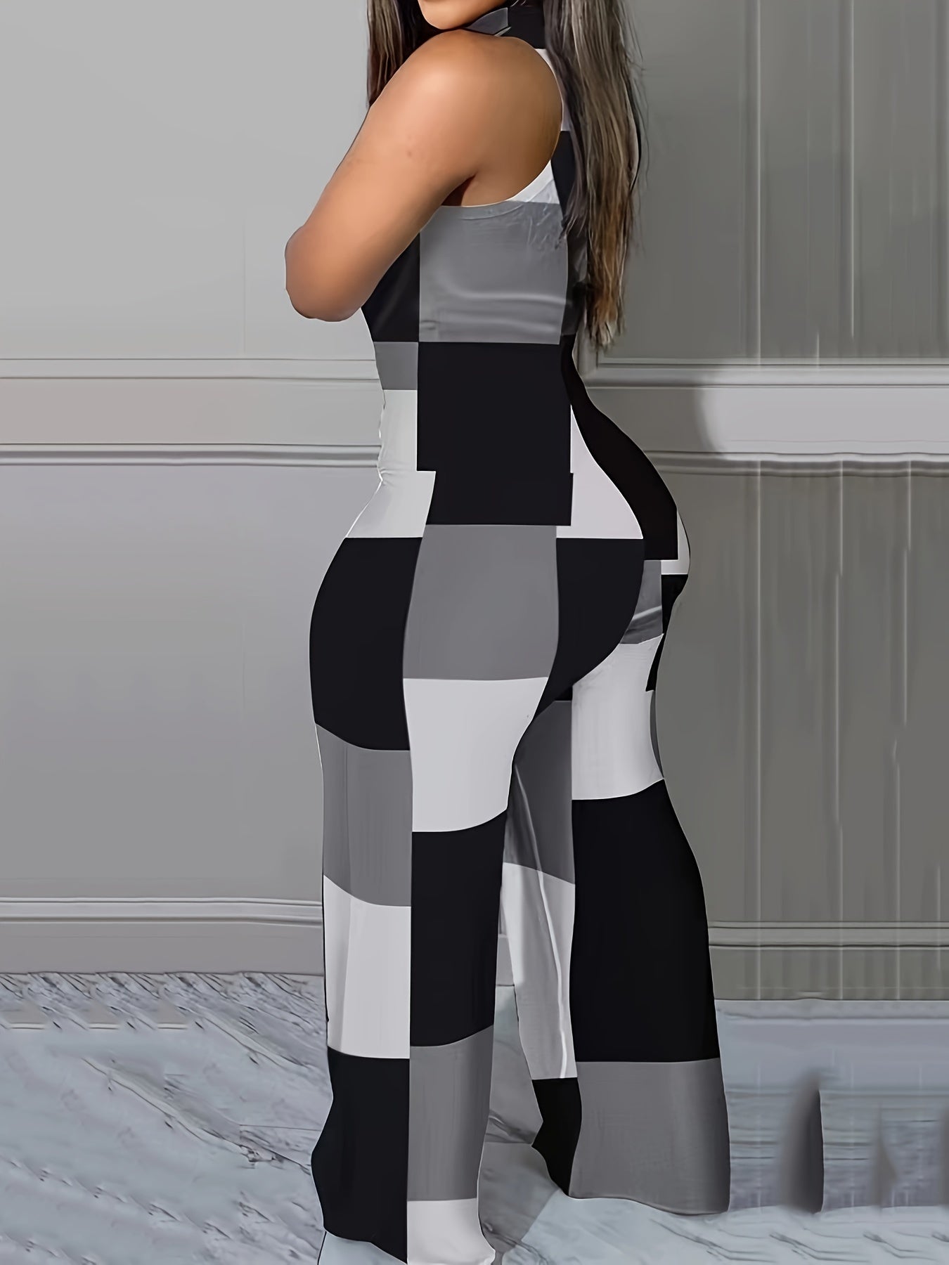  Colorblock Grid Print Jumpsuit