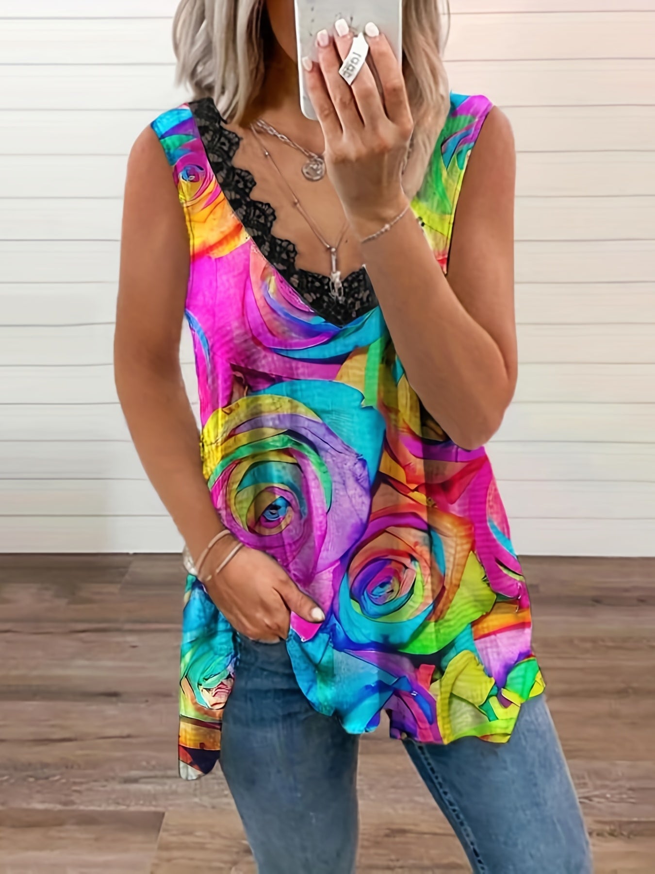 Colorful Rose Print Lace Trim V Neck Plus Size Tank Top