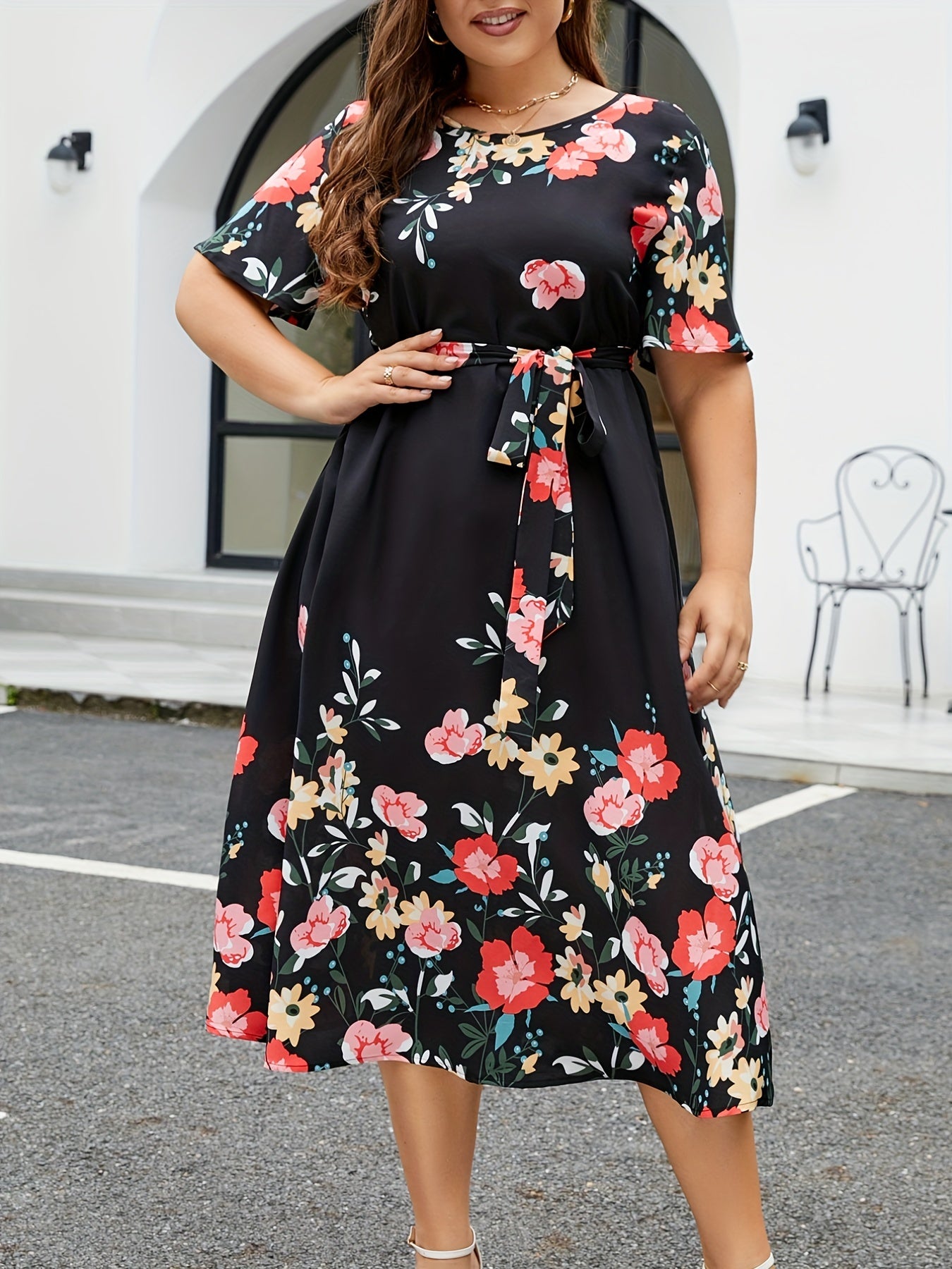  Floral Print Midi Dress With Belt