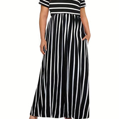  Stripe Print Short Sleeve Round Neck Maxi Dress