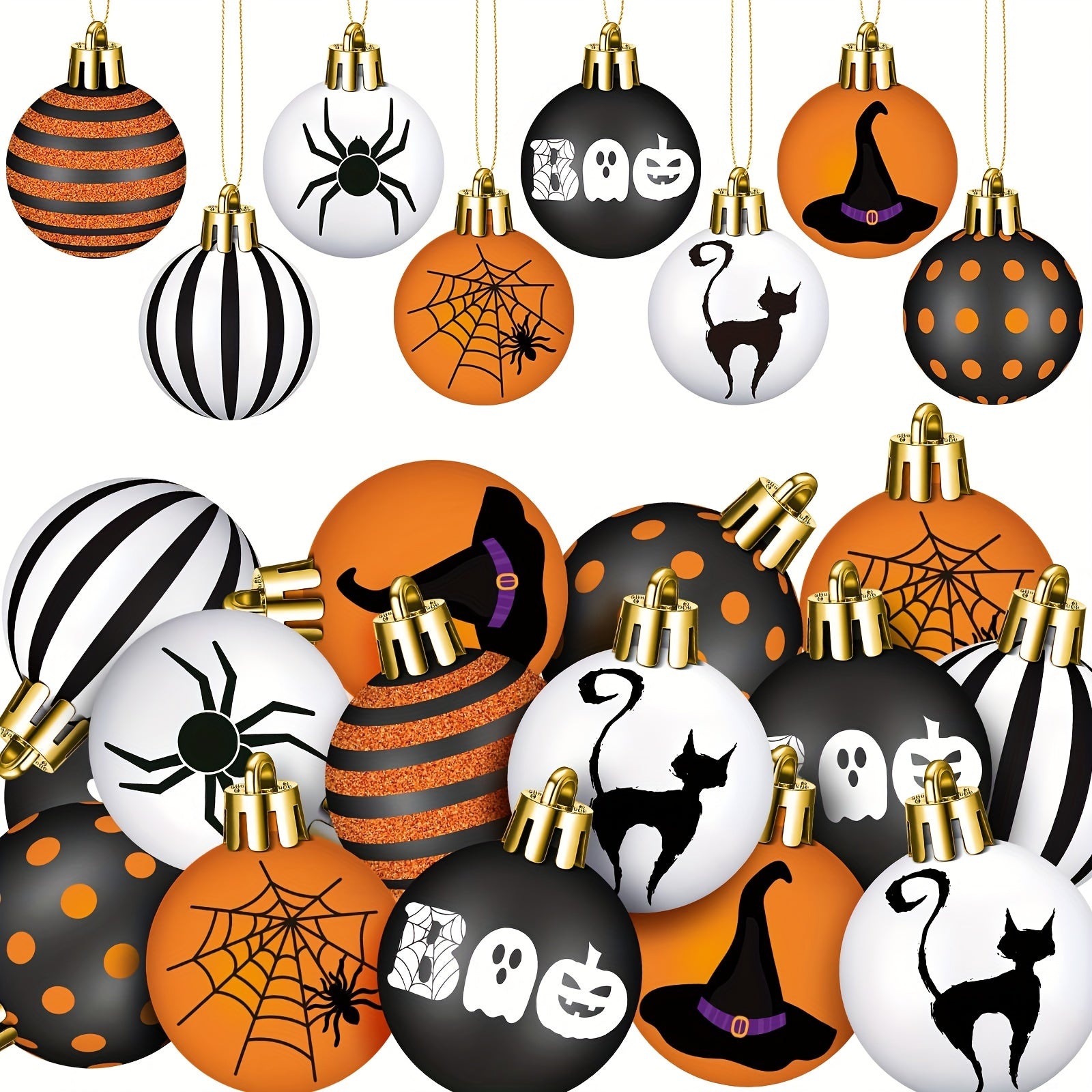 24 Pcs Halloween Ornament Set - Pumpkin Cat Spider Witch Hat Tree Decorations