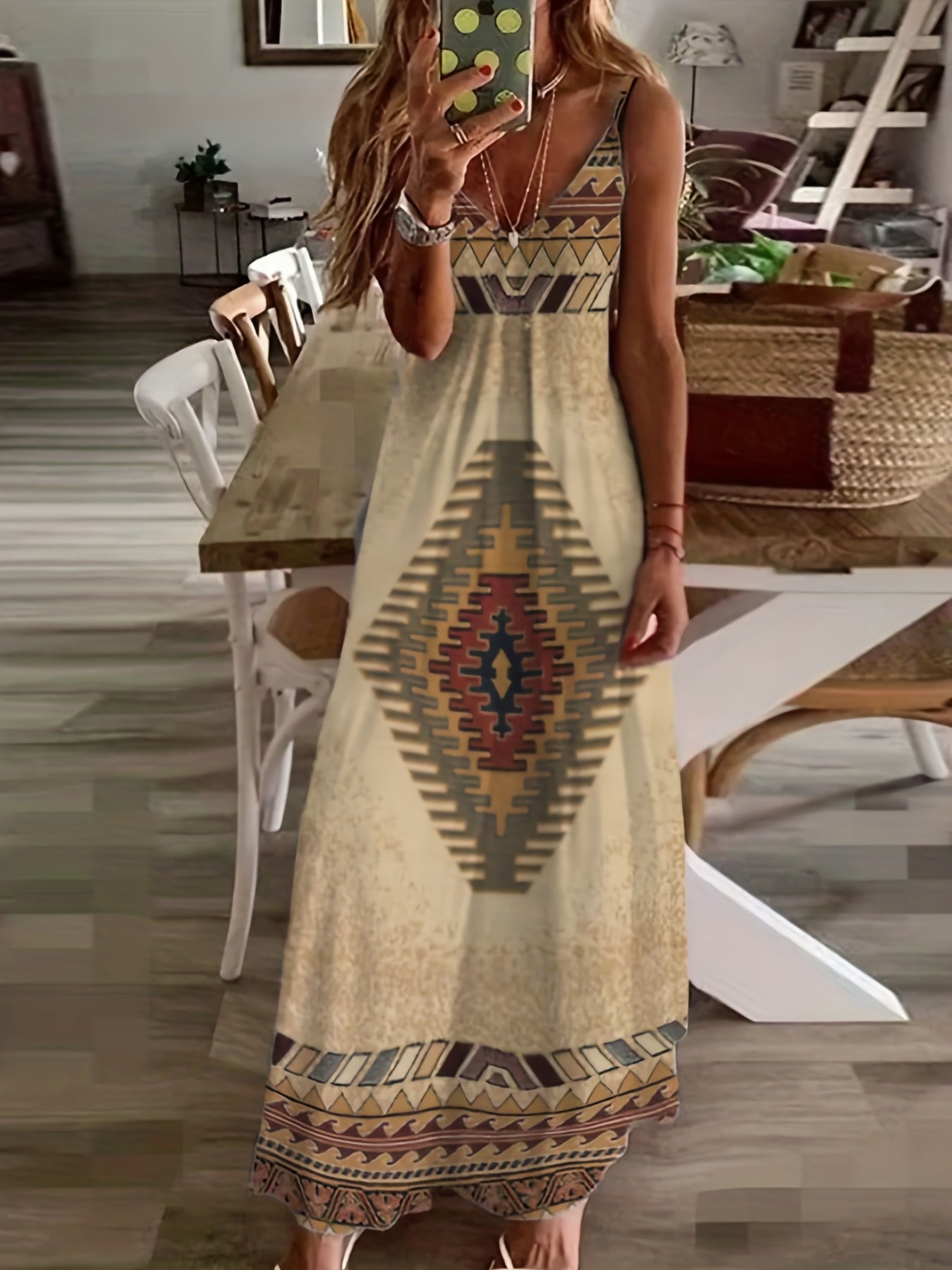  Ikat Print V Neck Maxi Tank Dress