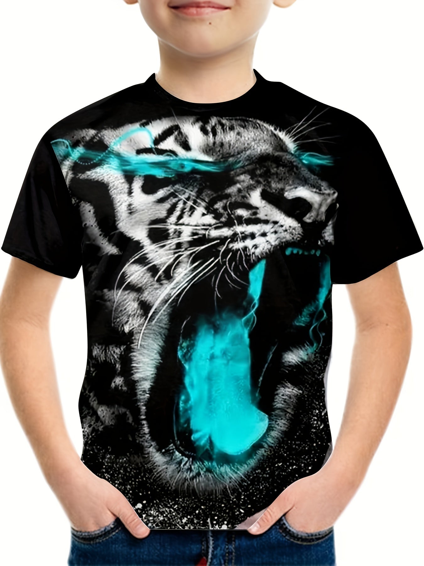 Roaring Leopard 3D Print Tee Tops Boys Round Neck Casual Short Sleeve T shirt