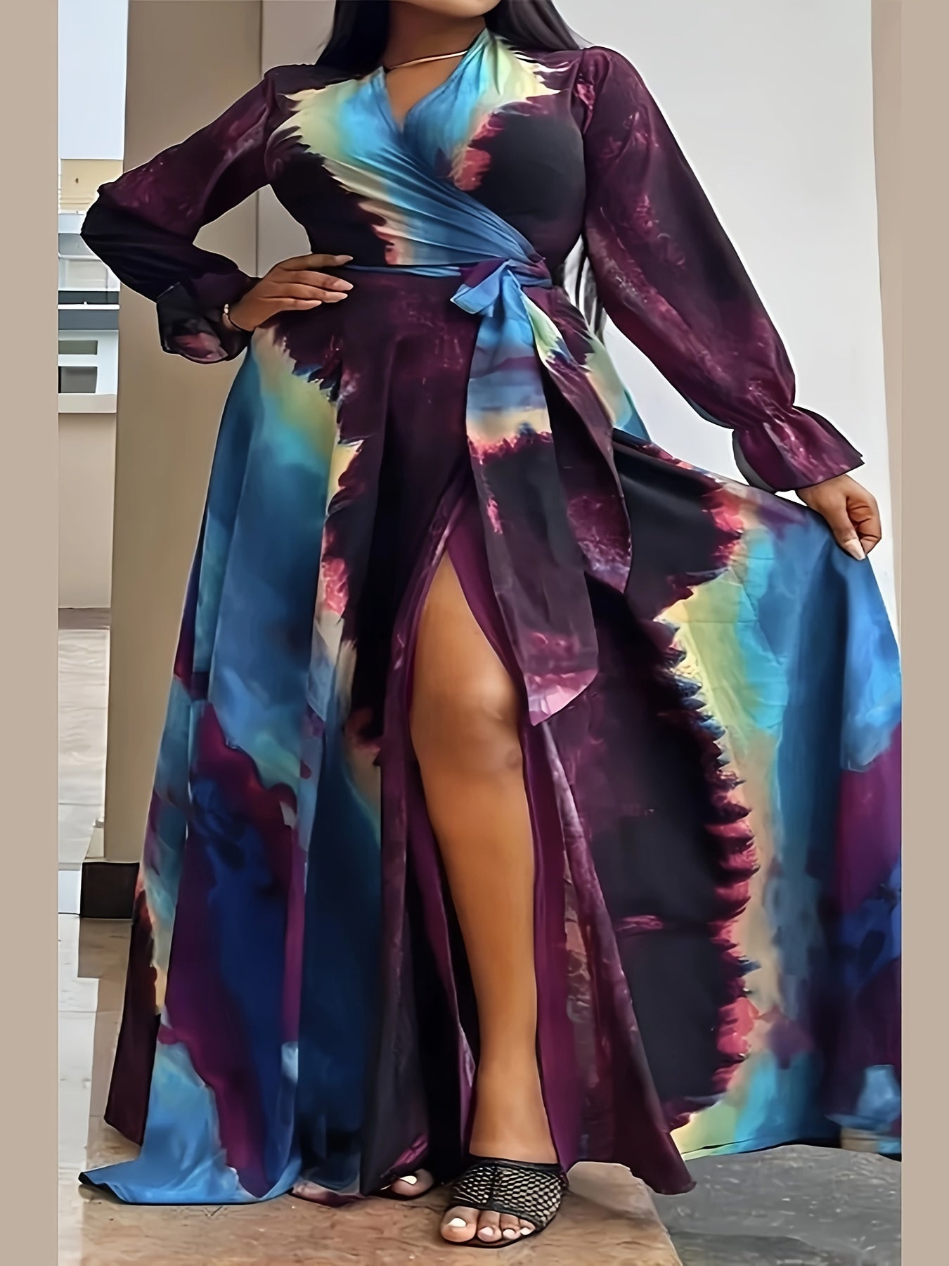  Tie Dye Lantern Sleeve Maxi Wrap Dress