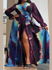  Tie Dye Lantern Sleeve Maxi Wrap Dress