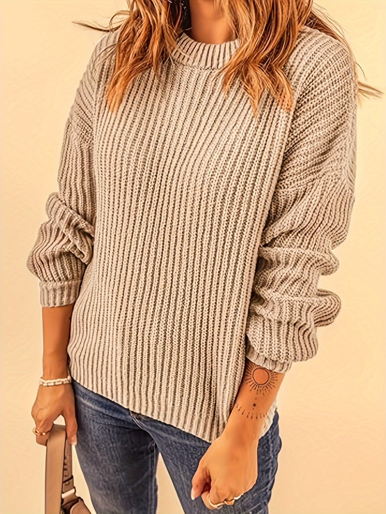  Solid Long Sleeve Knit Top Round Neck Pullover