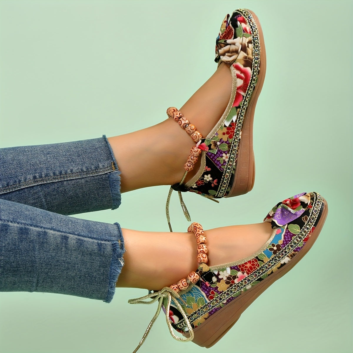 Women's Bowknot Linen Flat Shoes Beaded Strap Slip On Wedge Shoes Ethnic